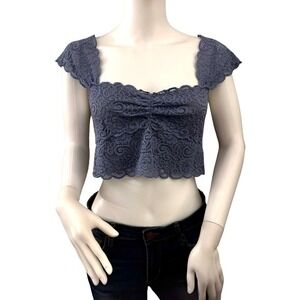 FREE PEOPLE INTIMATELY Medium Chase Me‎ Lace Brami Crop Top Blue Flirty Bralette